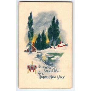 New Year Greetings With Every Good Wish Crescent Moon Homes Snow Gibson 1351